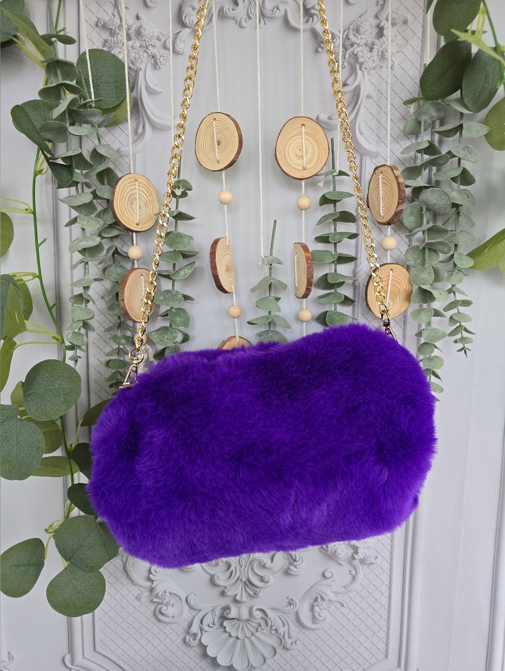 Royal Purple Statement Hand Warmer Cross Body Bag Purse with Gold Chain